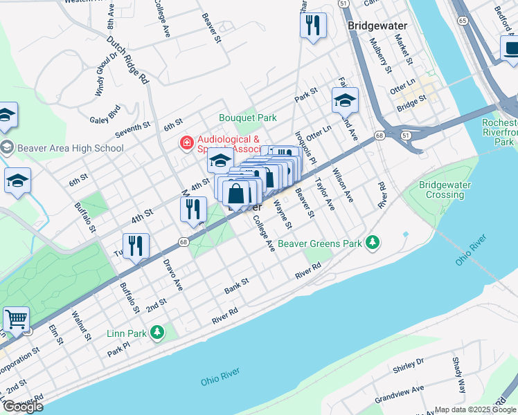 map of restaurants, bars, coffee shops, grocery stores, and more near 599 3rd Street in Beaver