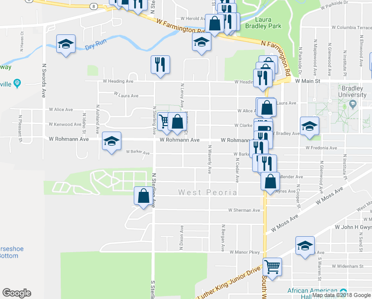 map of restaurants, bars, coffee shops, grocery stores, and more near 2311 West Barker Avenue in Peoria
