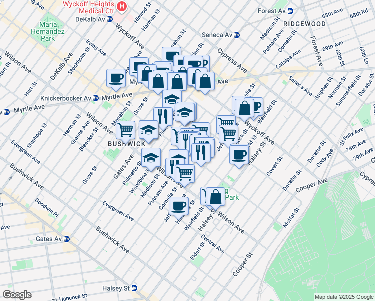 map of restaurants, bars, coffee shops, grocery stores, and more near 1385 Putnam Avenue in Brooklyn
