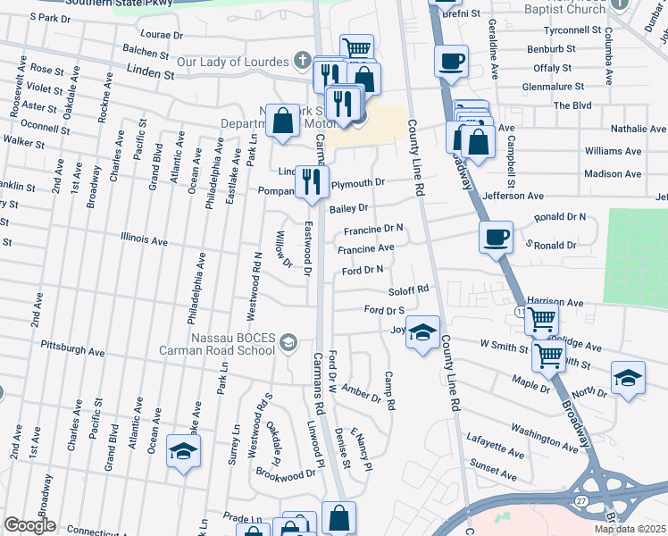map of restaurants, bars, coffee shops, grocery stores, and more near 1 Carman Gate in Massapequa