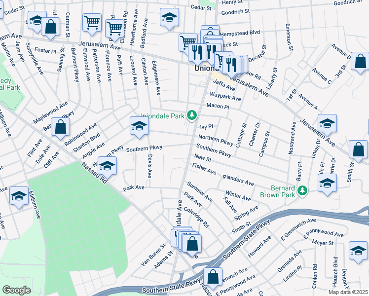 map of restaurants, bars, coffee shops, grocery stores, and more near 627 Spuhler Place in Uniondale