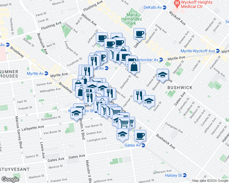 map of restaurants, bars, coffee shops, grocery stores, and more near 312 Evergreen Avenue in Brooklyn