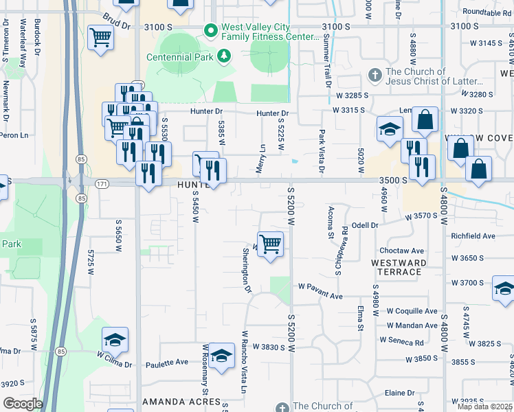 map of restaurants, bars, coffee shops, grocery stores, and more near 3541 South Basswood Cove in West Valley City