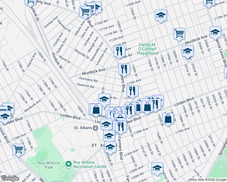 map of restaurants, bars, coffee shops, grocery stores, and more near 190-20 Quencer Road in Queens