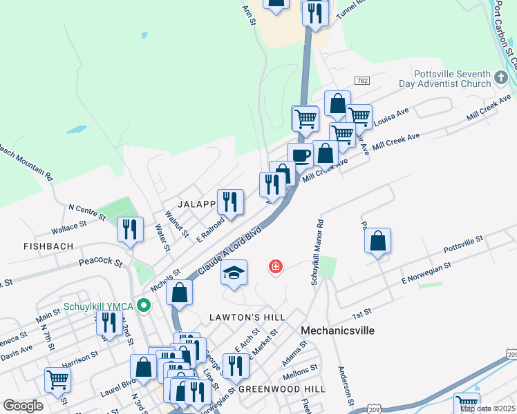 map of restaurants, bars, coffee shops, grocery stores, and more near 460 Nichols Street in Pottsville