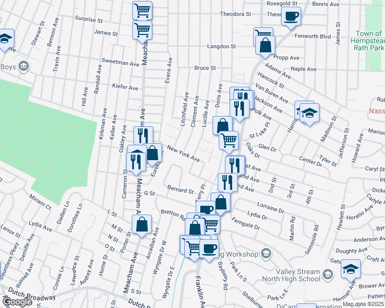 map of restaurants, bars, coffee shops, grocery stores, and more near 1194 New York Avenue in Franklin Square
