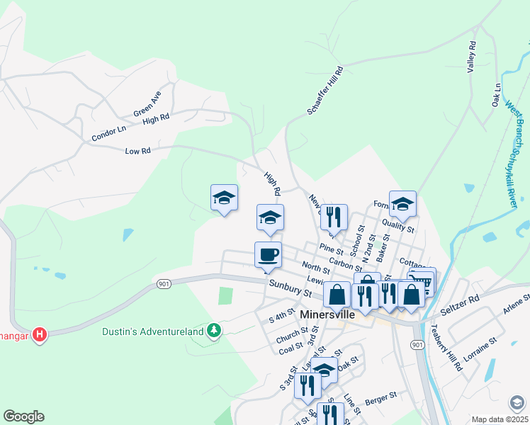 map of restaurants, bars, coffee shops, grocery stores, and more near 320 North 5th Street in Minersville