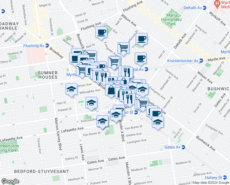map of restaurants, bars, coffee shops, grocery stores, and more near 477 Hart Street in Brooklyn