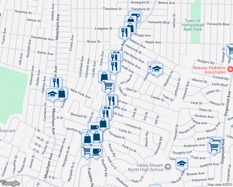 map of restaurants, bars, coffee shops, grocery stores, and more near 483 Franklin Avenue in Franklin Square