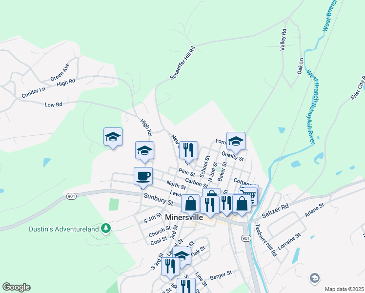 map of restaurants, bars, coffee shops, grocery stores, and more near 420-420A New Castle Street in Minersville