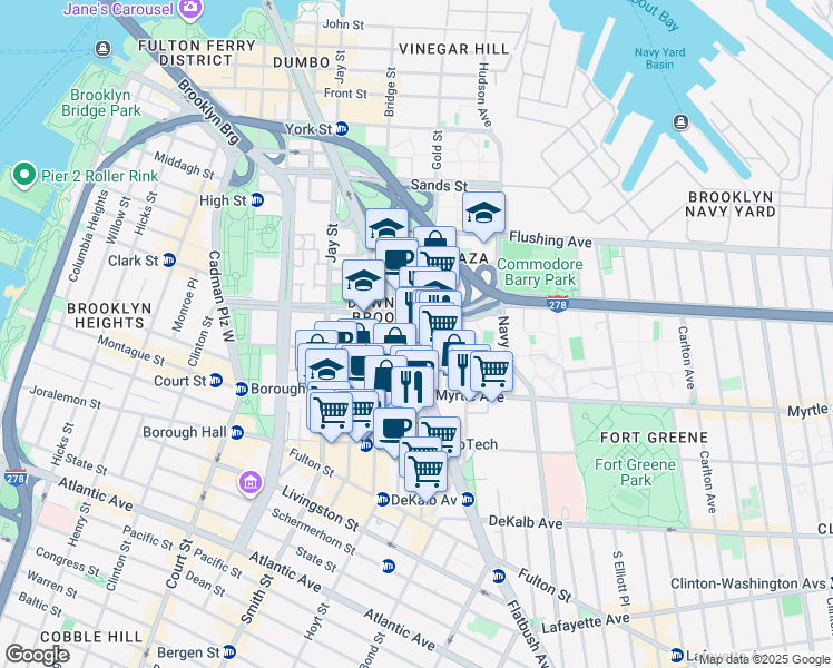 map of restaurants, bars, coffee shops, grocery stores, and more near 300 Gold Street in Brooklyn