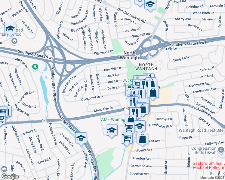 map of restaurants, bars, coffee shops, grocery stores, and more near 24 Deep Lane in Wantagh