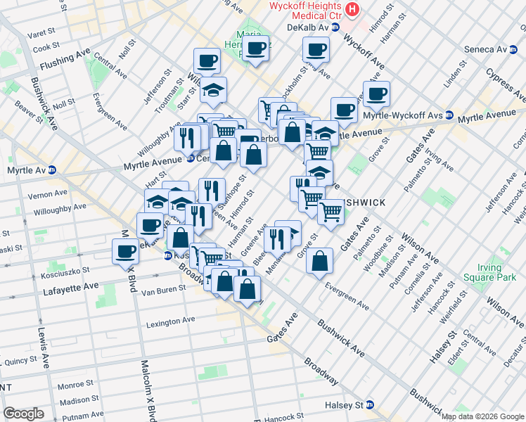 map of restaurants, bars, coffee shops, grocery stores, and more near 88 Harman Street in Brooklyn