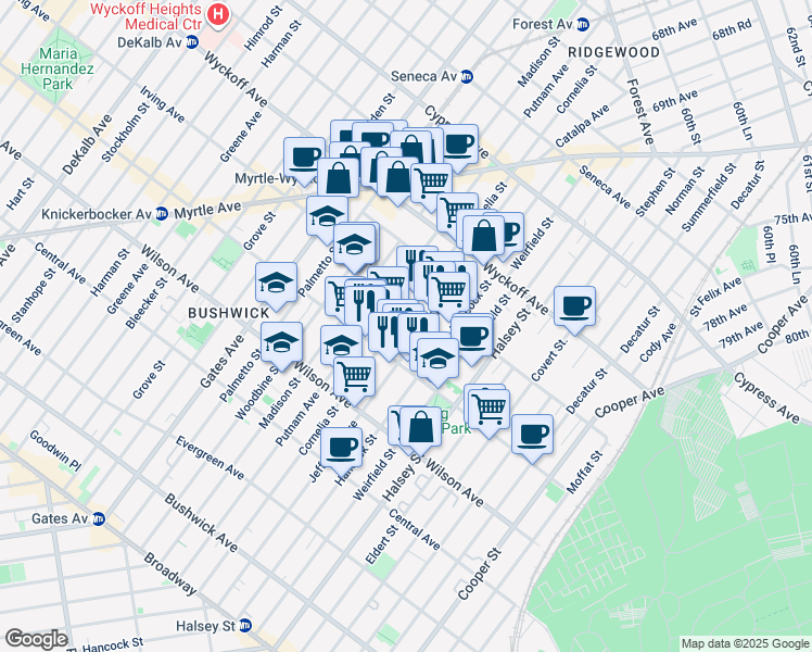 map of restaurants, bars, coffee shops, grocery stores, and more near 330 Cornelia Street in Brooklyn