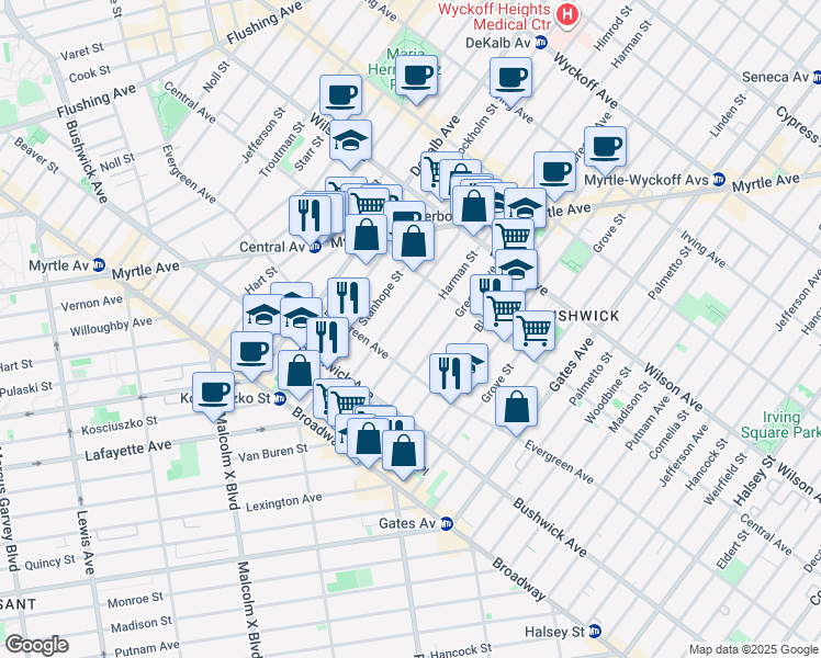 map of restaurants, bars, coffee shops, grocery stores, and more near 75 Harman Street in Brooklyn