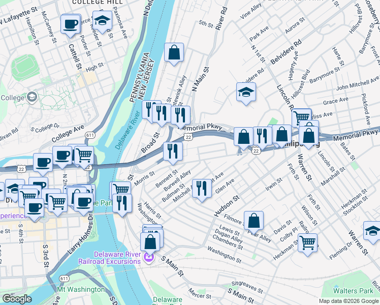 map of restaurants, bars, coffee shops, grocery stores, and more near 112 Shafer Avenue in Phillipsburg