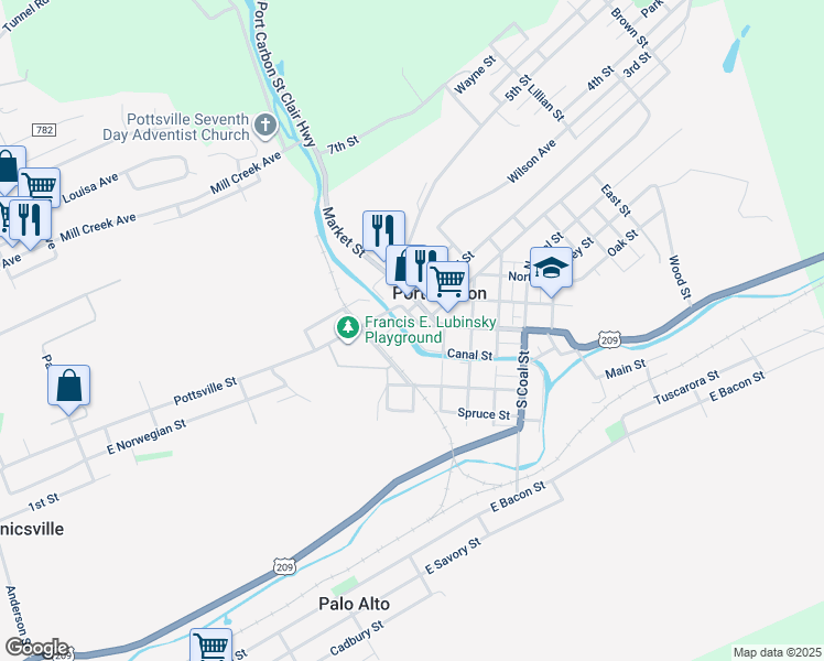 map of restaurants, bars, coffee shops, grocery stores, and more near 243 Pike Street in Port Carbon