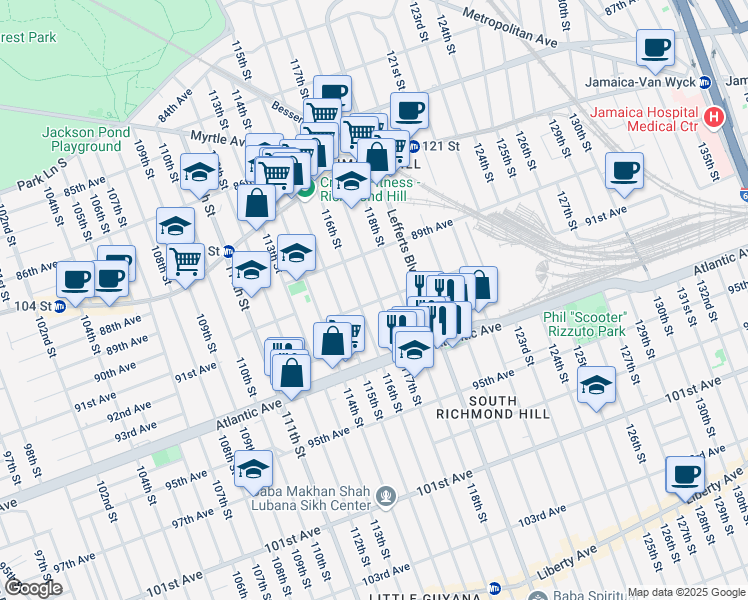 map of restaurants, bars, coffee shops, grocery stores, and more near 115-16 91st Avenue in Queens
