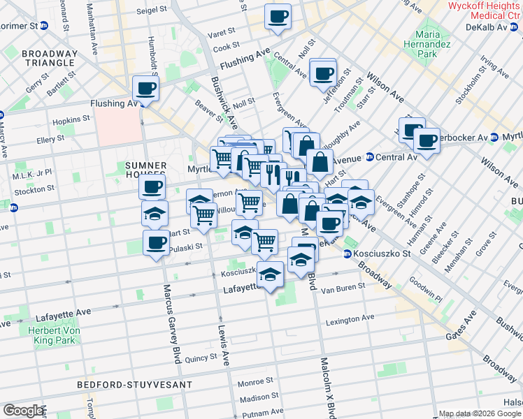 map of restaurants, bars, coffee shops, grocery stores, and more near 415 Hart Street in Brooklyn
