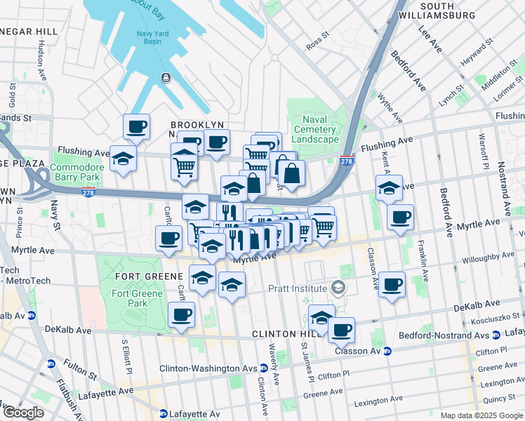 map of restaurants, bars, coffee shops, grocery stores, and more near 89 Waverly Avenue in Brooklyn
