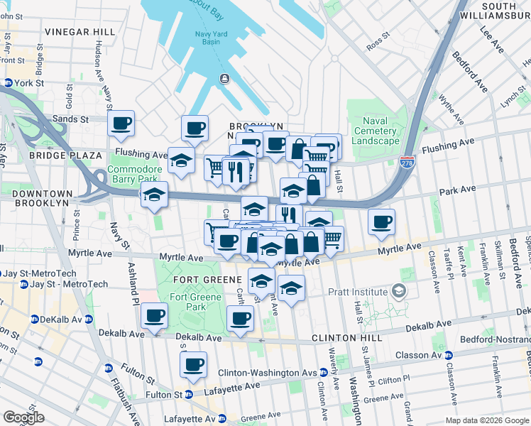 map of restaurants, bars, coffee shops, grocery stores, and more near 89 Clermont Avenue in Brooklyn