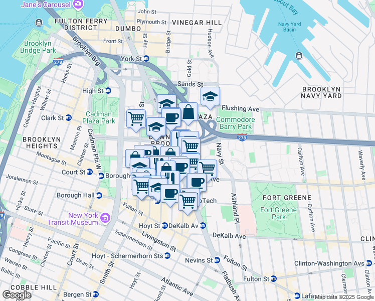 map of restaurants, bars, coffee shops, grocery stores, and more near 301 Gold Street in Brooklyn