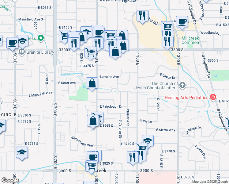 map of restaurants, bars, coffee shops, grocery stores, and more near 3520 South Carolyn Street in Millcreek
