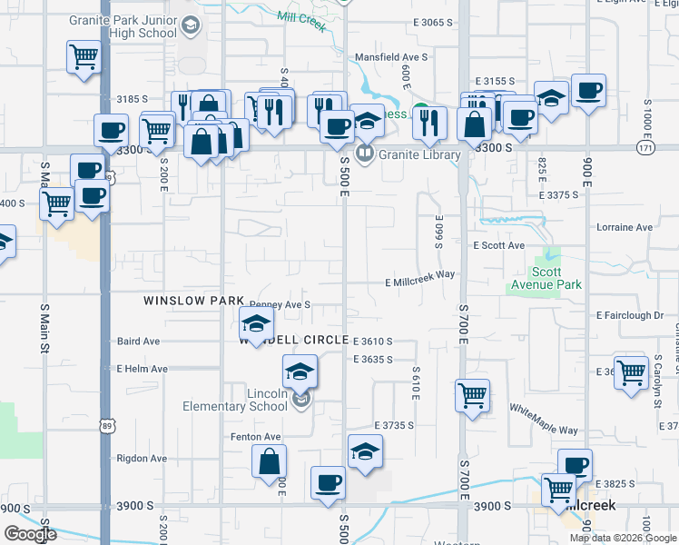 map of restaurants, bars, coffee shops, grocery stores, and more near 3508 500 East in South Salt Lake