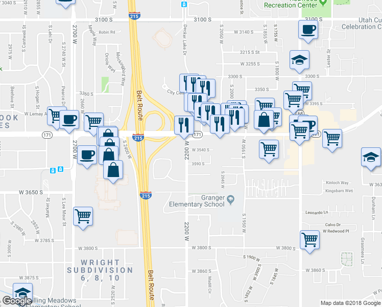 map of restaurants, bars, coffee shops, grocery stores, and more near 2170 3590 South in West Valley City