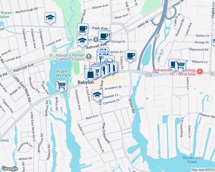 map of restaurants, bars, coffee shops, grocery stores, and more near 50 Prospect Street in Babylon
