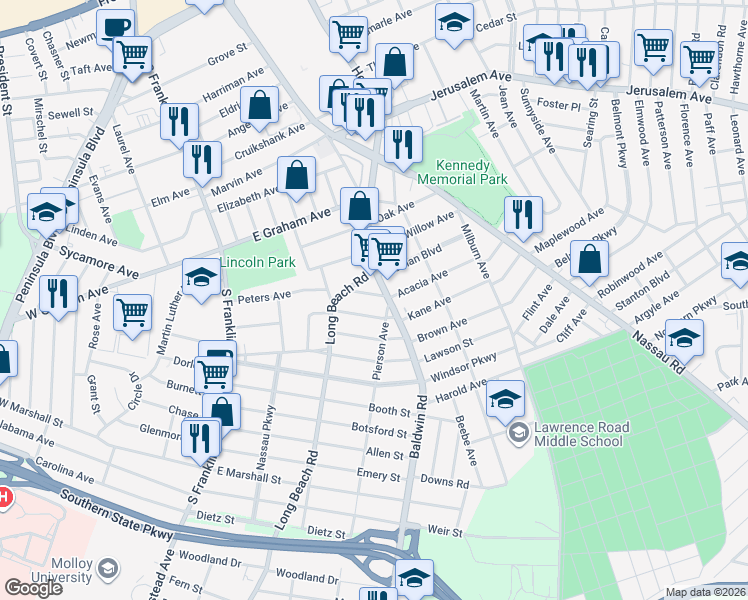 map of restaurants, bars, coffee shops, grocery stores, and more near 15 Pierson Avenue in Hempstead