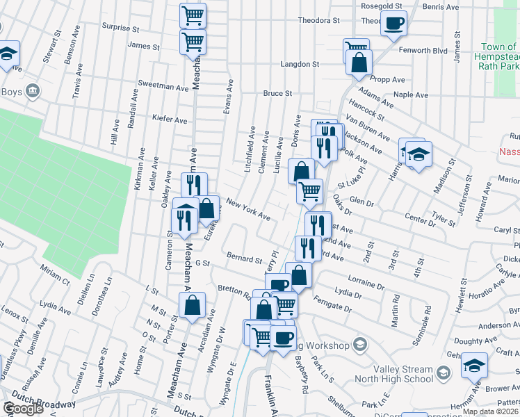 map of restaurants, bars, coffee shops, grocery stores, and more near 1194 New York Avenue in Franklin Square