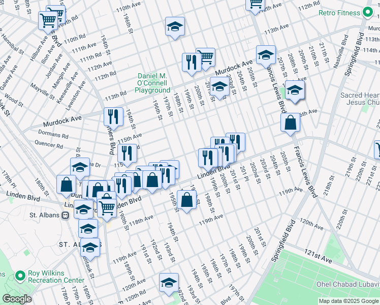 map of restaurants, bars, coffee shops, grocery stores, and more near 116-11 197th Street in Queens