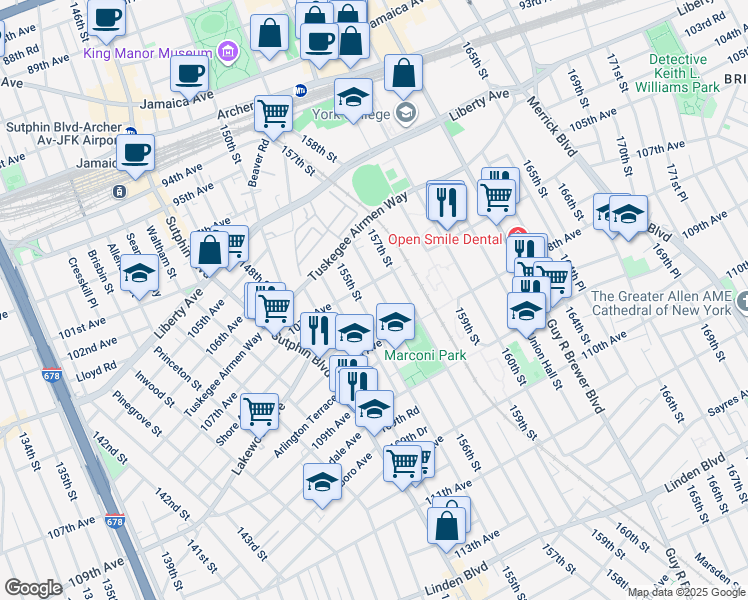 map of restaurants, bars, coffee shops, grocery stores, and more near 10734 156th Street in Queens
