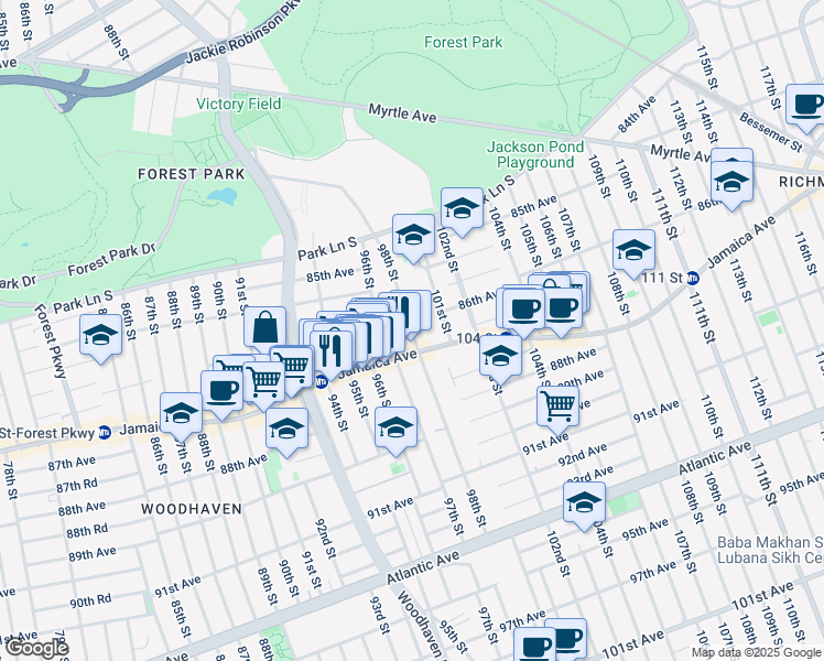 map of restaurants, bars, coffee shops, grocery stores, and more near 97-19 Jamaica Avenue in Queens