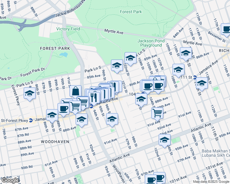 map of restaurants, bars, coffee shops, grocery stores, and more near 97-19 Jamaica Avenue in Queens