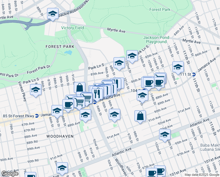 map of restaurants, bars, coffee shops, grocery stores, and more near 86-30 96th Street in Queens