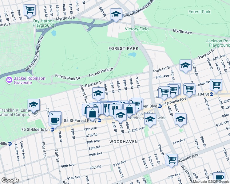 map of restaurants, bars, coffee shops, grocery stores, and more near 85-13 86th Street in Queens