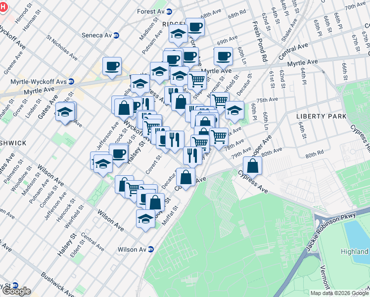 map of restaurants, bars, coffee shops, grocery stores, and more near 16-14 Summerfield Street in Queens