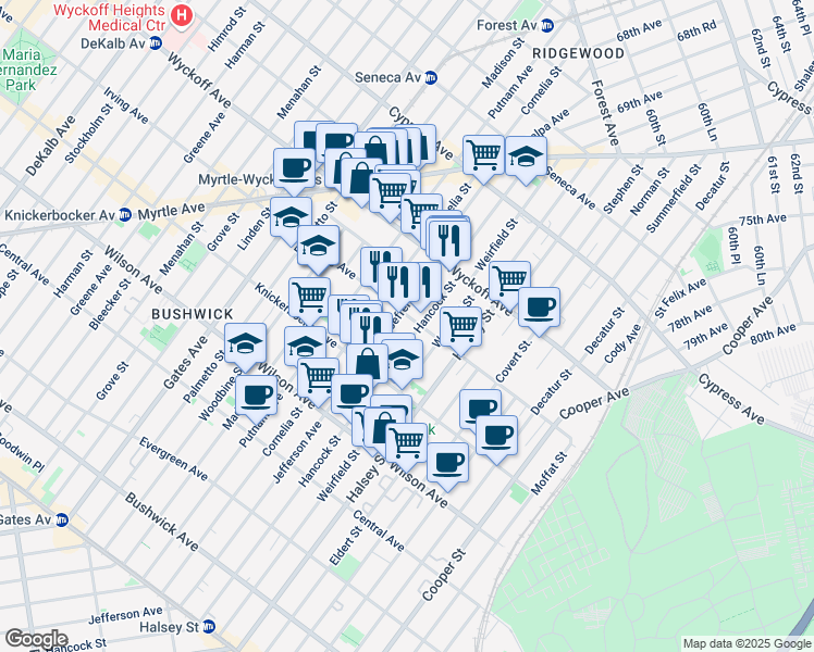 map of restaurants, bars, coffee shops, grocery stores, and more near 490 Irving Avenue in Brooklyn