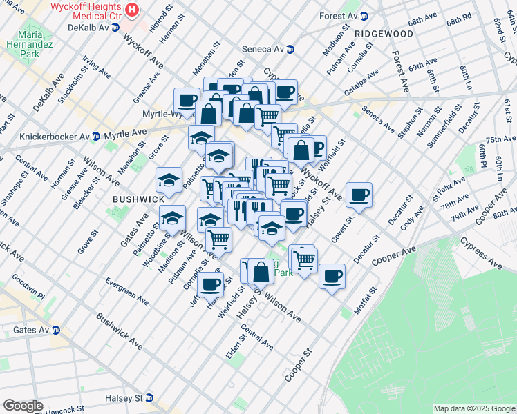 map of restaurants, bars, coffee shops, grocery stores, and more near 1398 Jefferson Avenue in Brooklyn