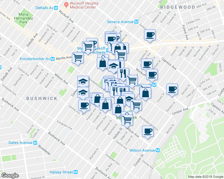 map of restaurants, bars, coffee shops, grocery stores, and more near 685 Knickerbocker Avenue in Brooklyn
