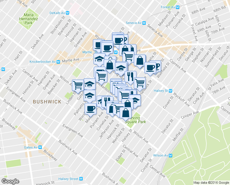 map of restaurants, bars, coffee shops, grocery stores, and more near 1385 Putnam Avenue in Brooklyn