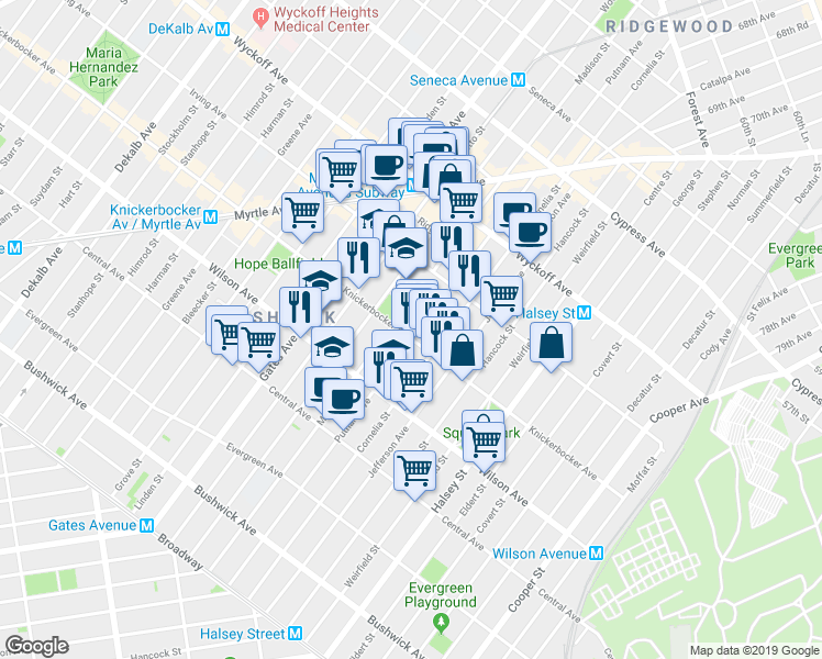 map of restaurants, bars, coffee shops, grocery stores, and more near 1385 Putnam Avenue in Brooklyn