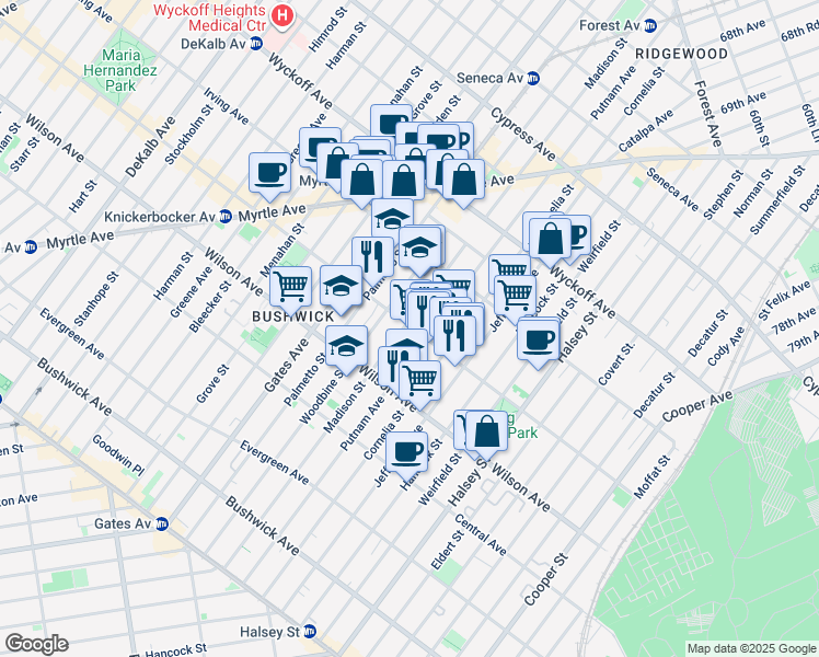 map of restaurants, bars, coffee shops, grocery stores, and more near 1385 Putnam Avenue in Brooklyn
