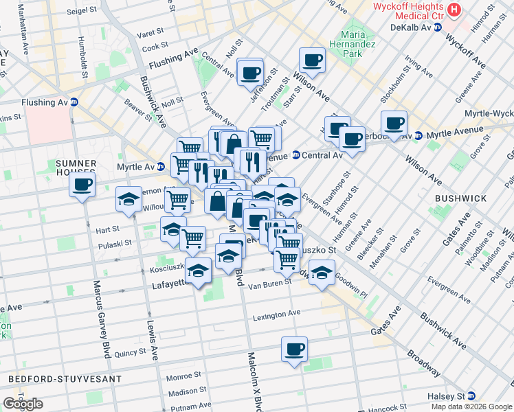 map of restaurants, bars, coffee shops, grocery stores, and more near 16 Lawton Street in Brooklyn