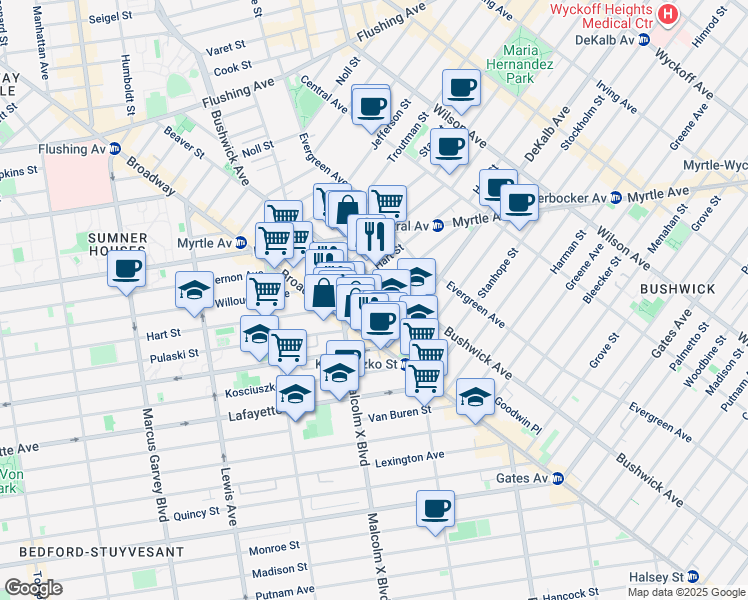 map of restaurants, bars, coffee shops, grocery stores, and more near 16 Lawton Street in Brooklyn