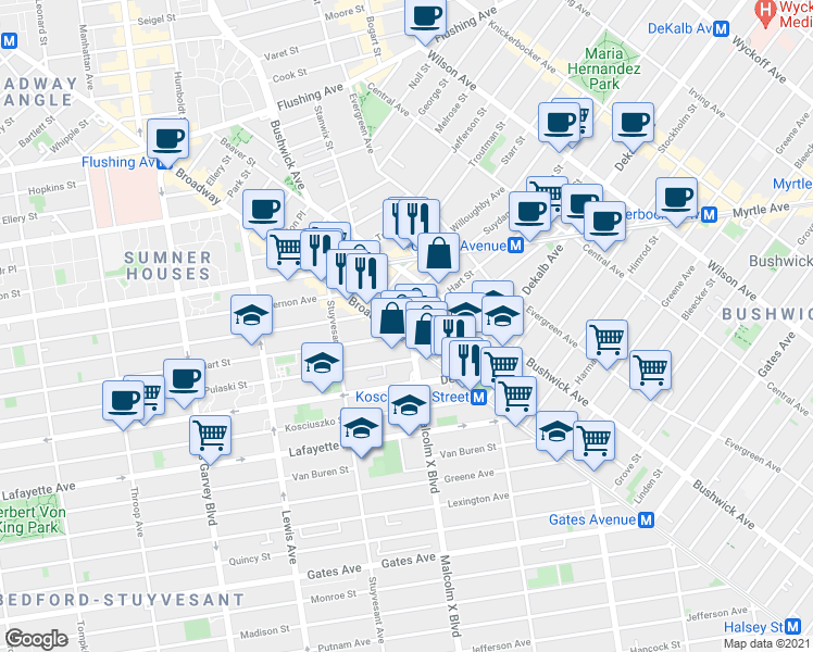 map of restaurants, bars, coffee shops, grocery stores, and more near 1050 Broadway in Brooklyn