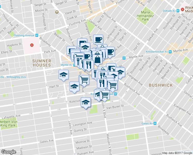 map of restaurants, bars, coffee shops, grocery stores, and more near 1050 Broadway in Brooklyn