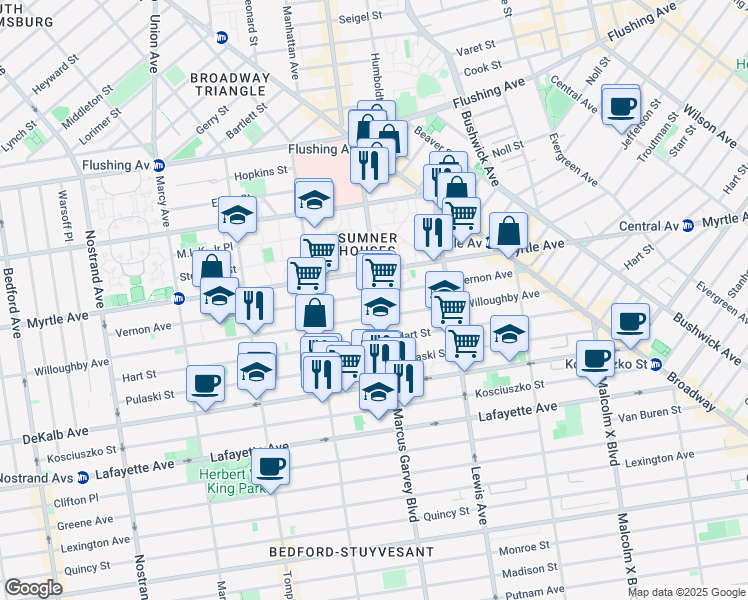 map of restaurants, bars, coffee shops, grocery stores, and more near 701 Willoughby Avenue in Brooklyn